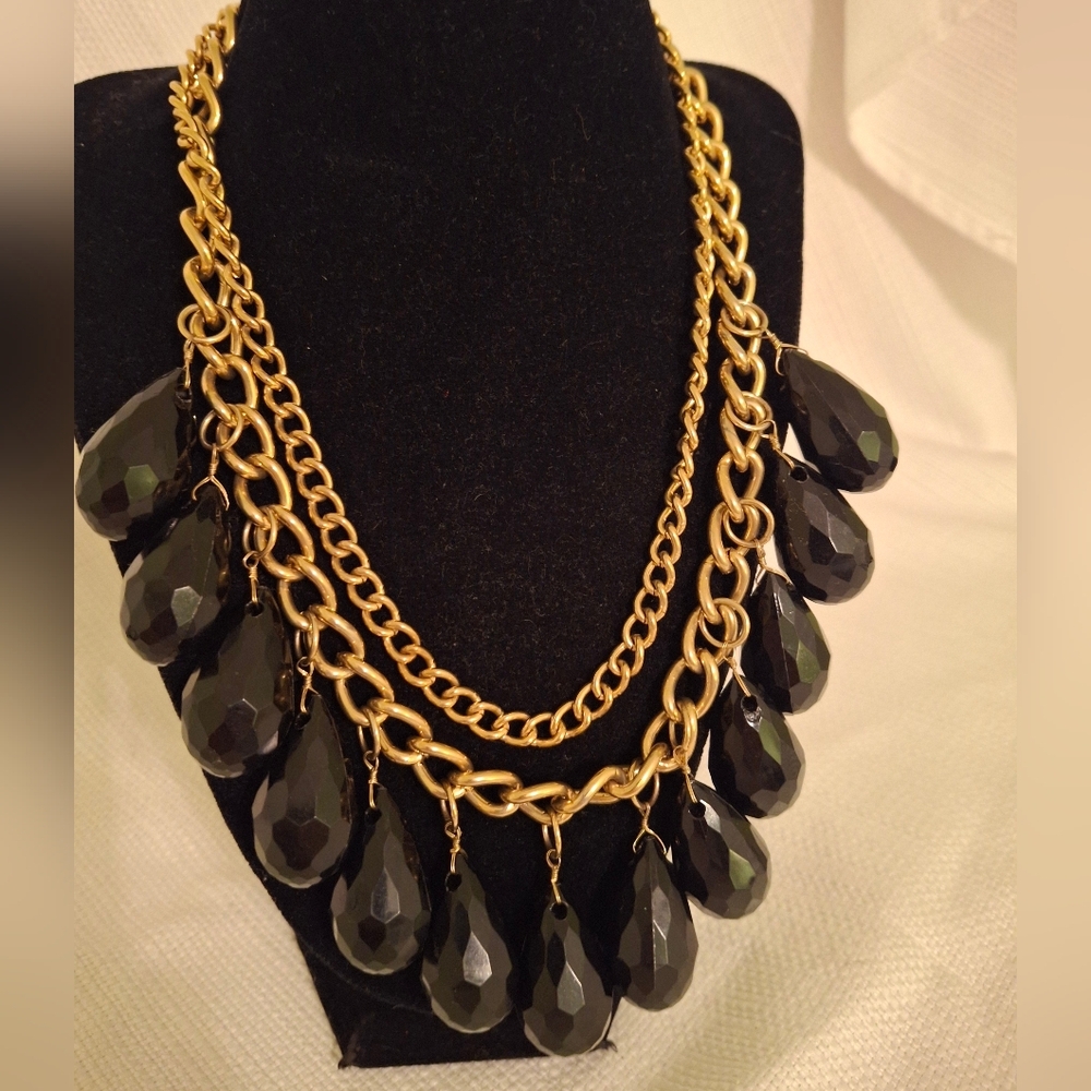 Gold Chain Necklace with Black Teardrop Stones - Women Jewelry